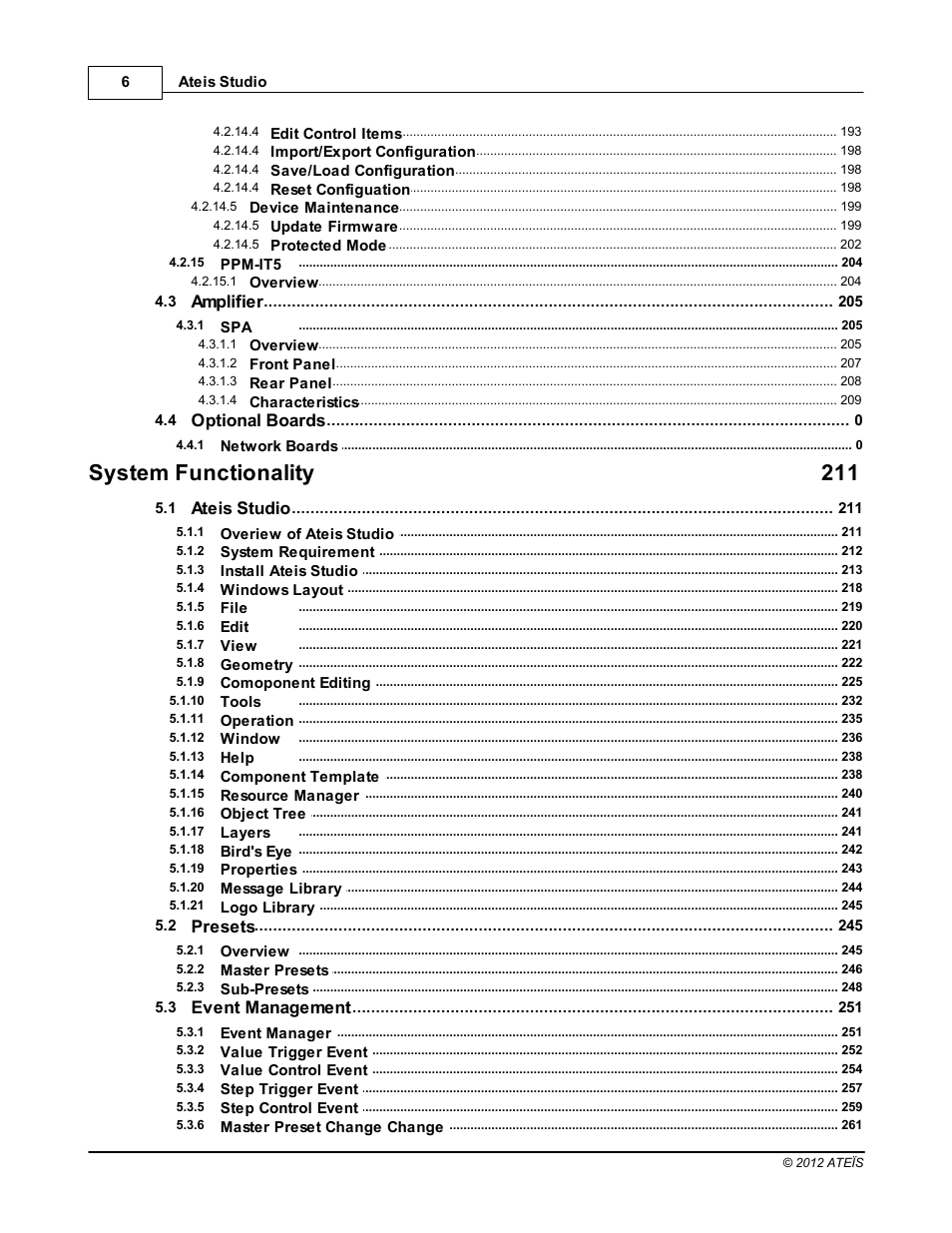 System functionality 211, Amplifier, Optional boards | Ateis studio, Presets, Event management | ATEIS IDA8C User Manual | Page 6 / 446