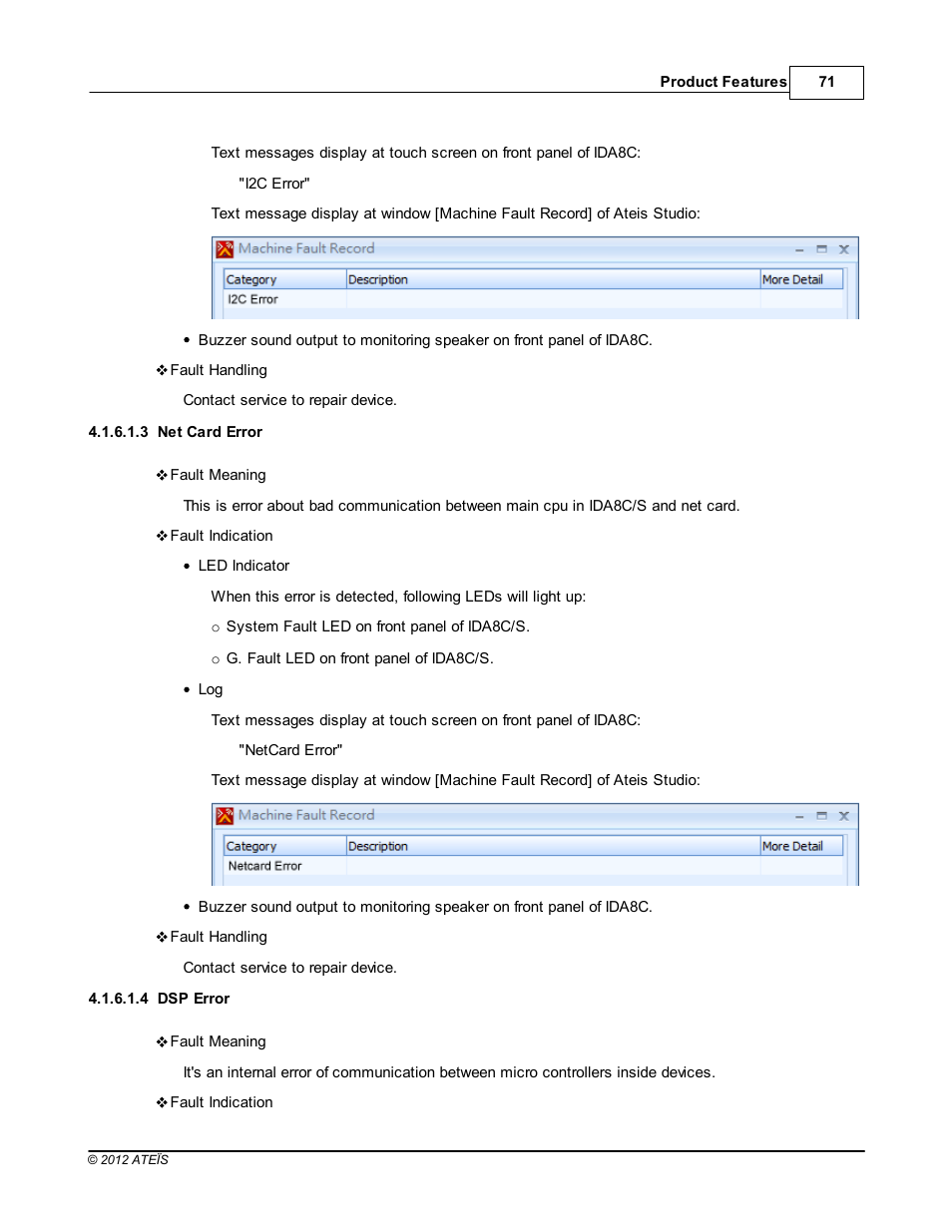 Net card error, Dsp error | ATEIS IDA8C User Manual | Page 71 / 446
