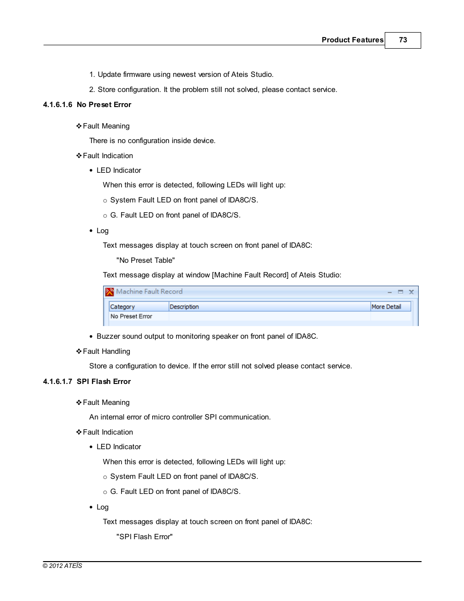 No preset error, Spi flash error, No preset table | ATEIS IDA8C User Manual | Page 73 / 446