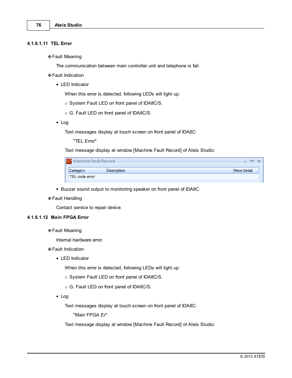 Tel error, Main fpga error | ATEIS IDA8C User Manual | Page 76 / 446
