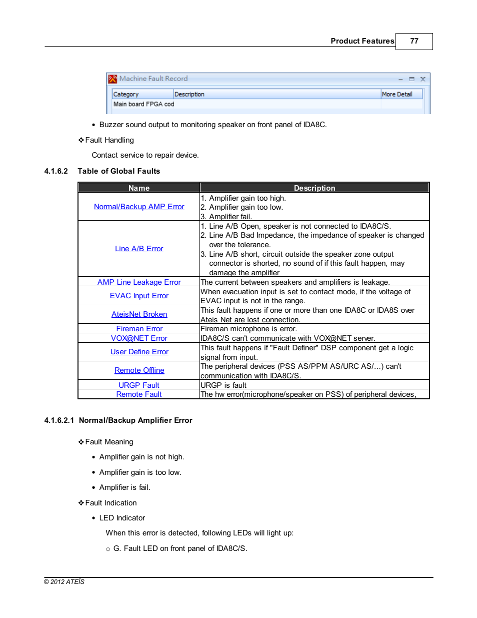 Table of global faults, Normal/backup amplifier error | ATEIS IDA8C User Manual | Page 77 / 446
