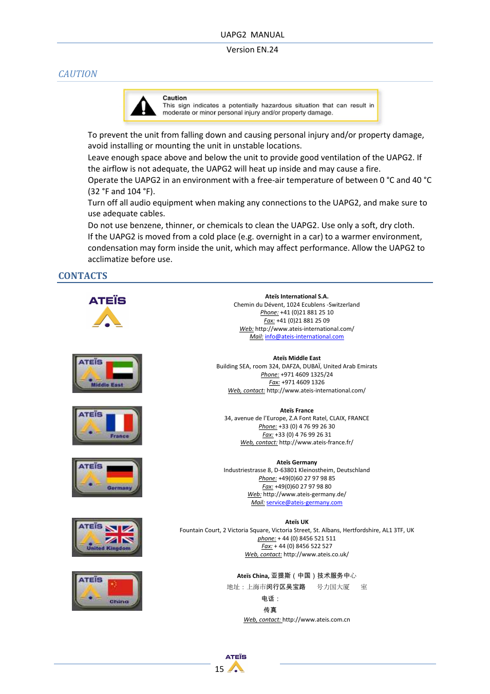 Caution, Contacts | ATEIS UAPg2 User Manual | Page 15 / 224