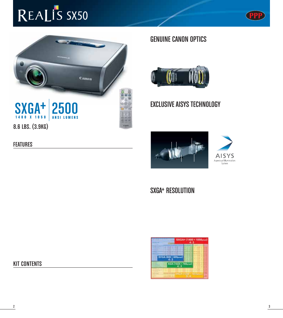 Sxga, Genuine canon optics, Exclusive aisys technology | Resolution | Canon LV-7565 User Manual | Page 2 / 6