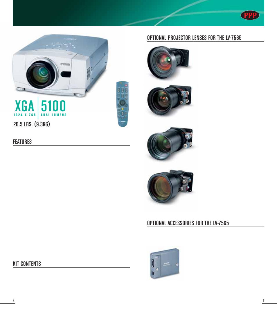 Lv-7565, Features, Kit contents | Optional projector lenses for the lv-7565 | Canon LV-7565 User Manual | Page 3 / 6