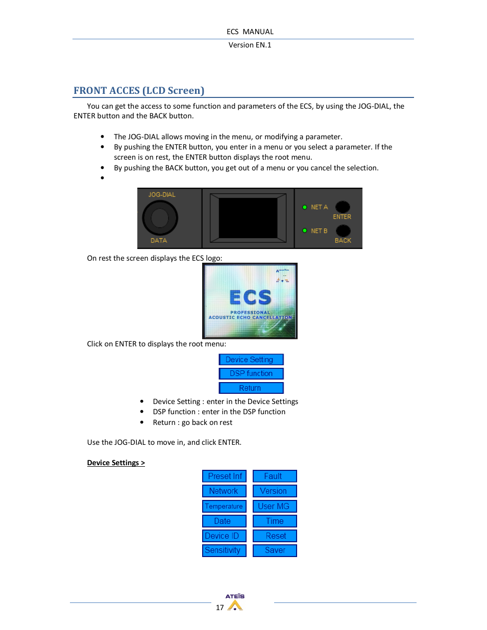 Front acces (lcd screen) | ATEIS ECS User Manual | Page 17 / 60