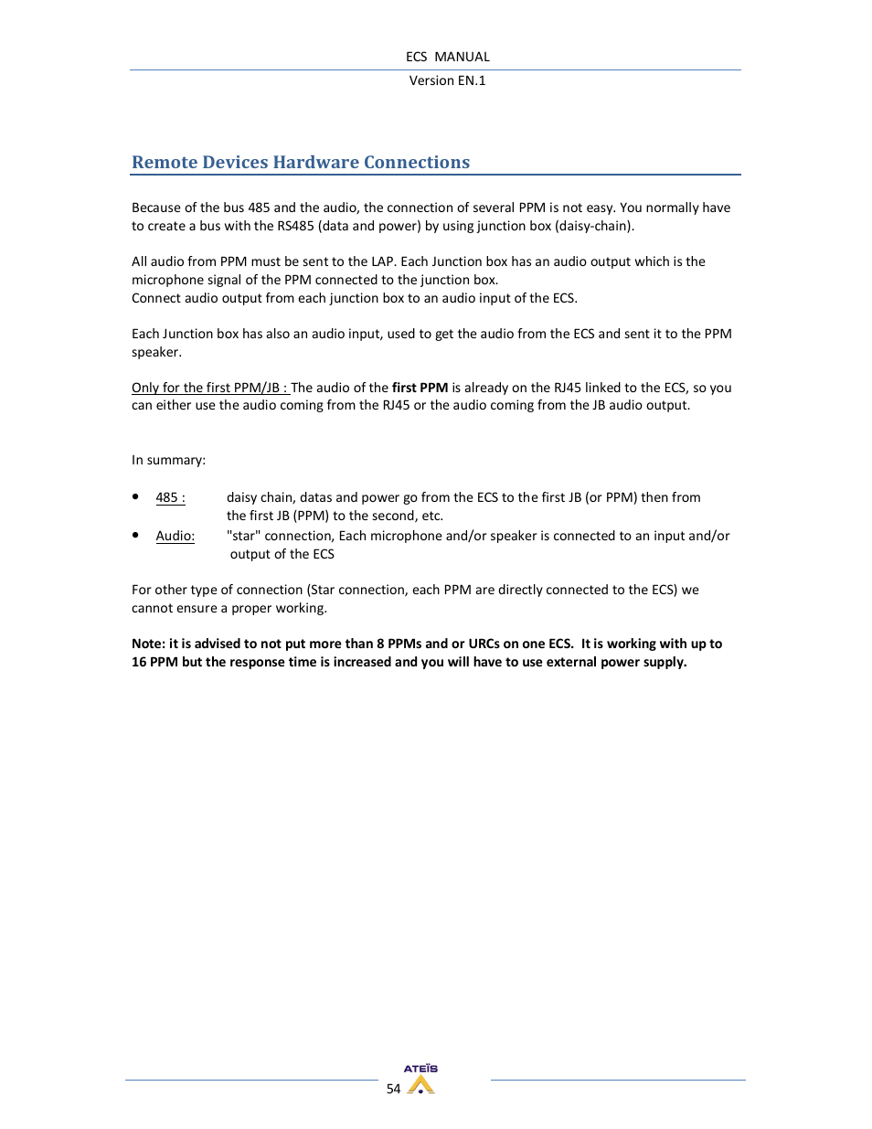 Remote devices hardware connections | ATEIS ECS User Manual | Page 54 / 60