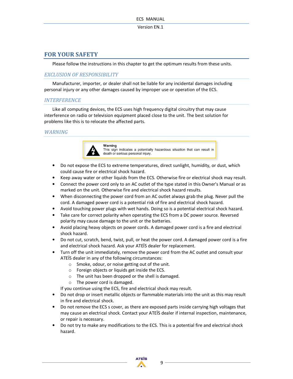 For your safety | ATEIS ECS User Manual | Page 9 / 60