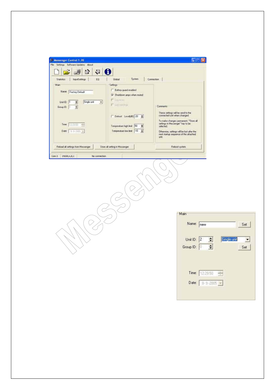 System tab, Main settings, Ain settings | Messenger operating manual | ATEIS Messenger Series User Manual | Page 21 / 38