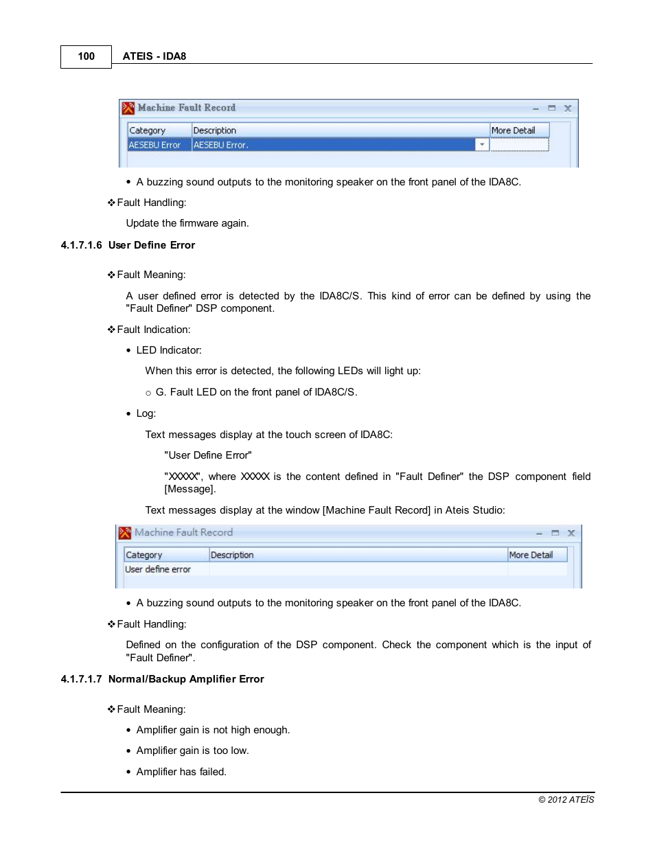 User define error, Normal/backup amplifier error, Normal/backup amp error | ATEIS IDA8 User Manual | Page 100 / 582