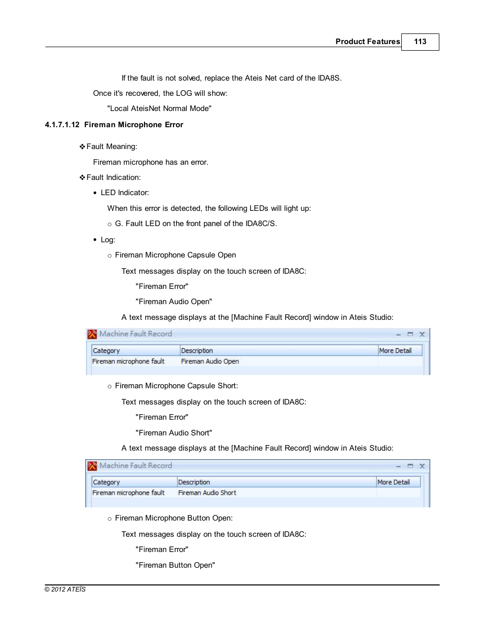 Fireman microphone error, Fireman error | ATEIS IDA8 User Manual | Page 113 / 582