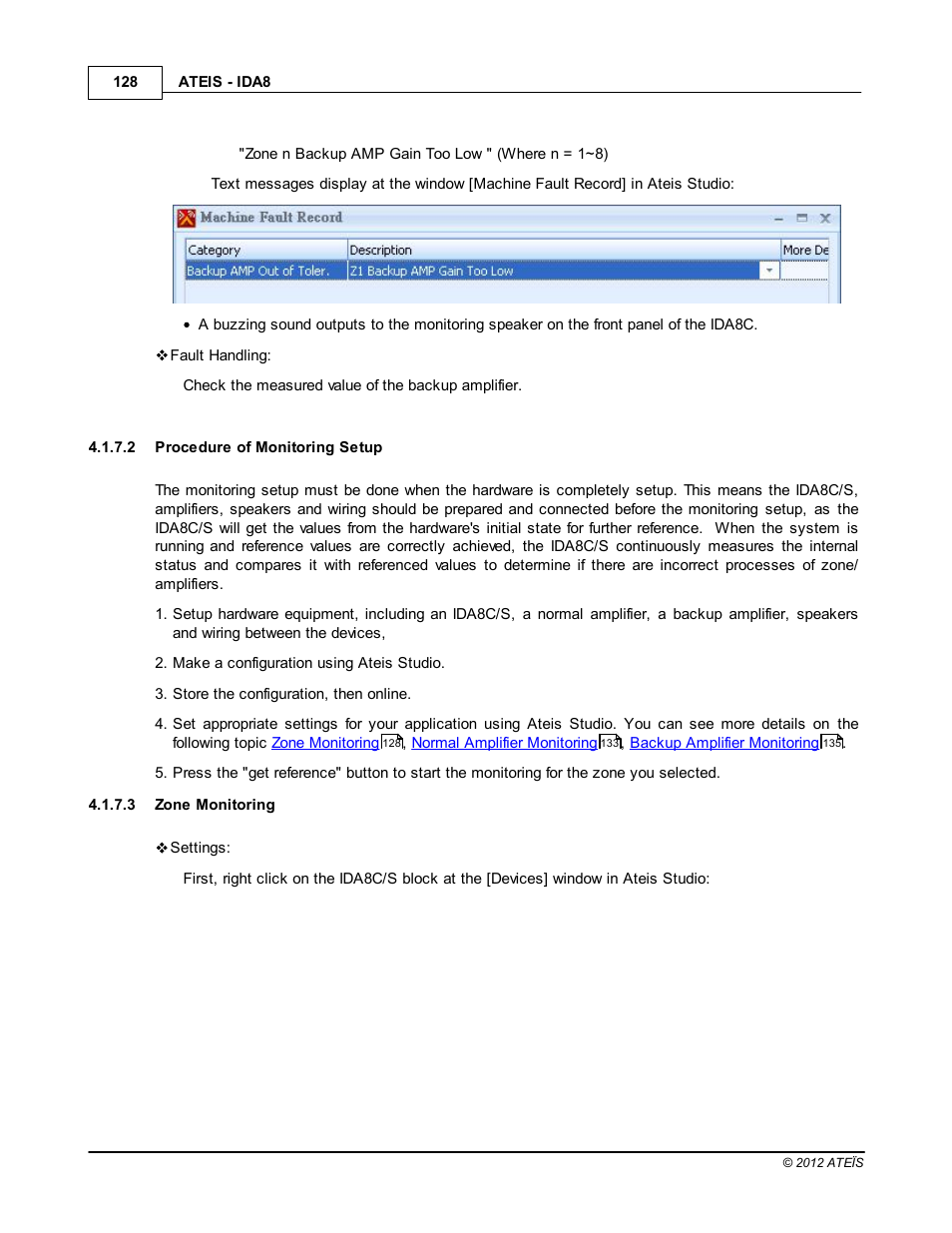 Procedure of monitoring setup, Zone monitoring | ATEIS IDA8 User Manual | Page 128 / 582