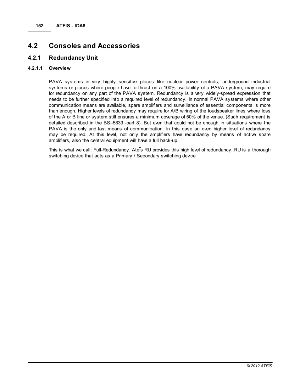 Consoles and accessories, Redundancy unit, Overview | 2 consoles and accessories | ATEIS IDA8 User Manual | Page 152 / 582