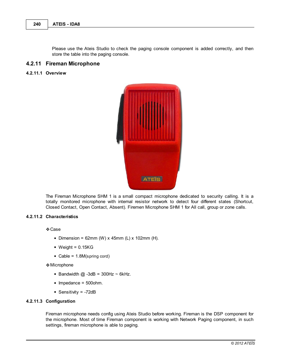 Fireman microphone, Overview, Characteristics | Configuration | ATEIS IDA8 User Manual | Page 240 / 582