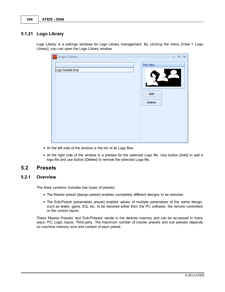 Logo library, Presets, Overview | 2 presets | ATEIS IDA8 User Manual | Page 344 / 582