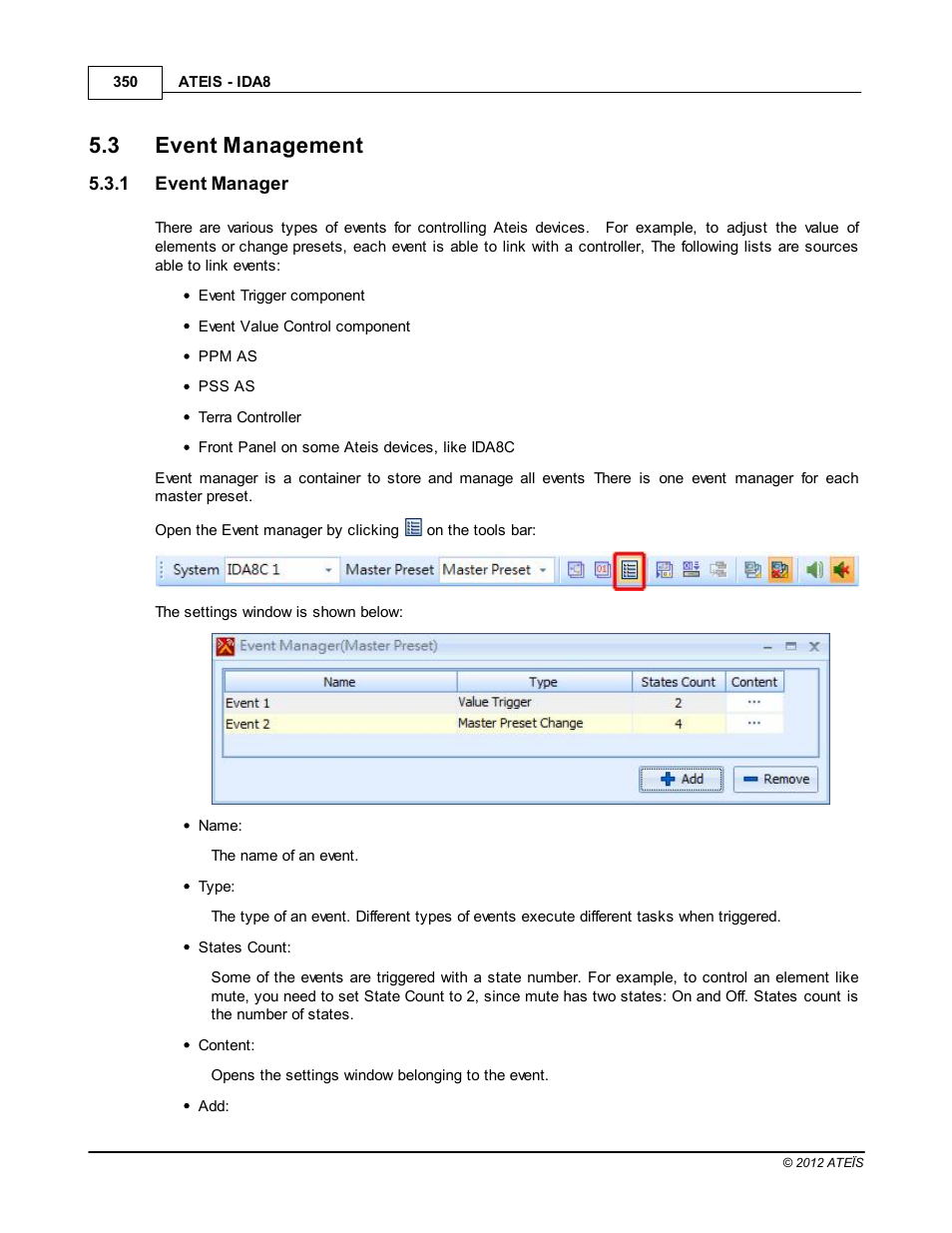 Event management, Event manager, 3 event management | ATEIS IDA8 User Manual | Page 350 / 582