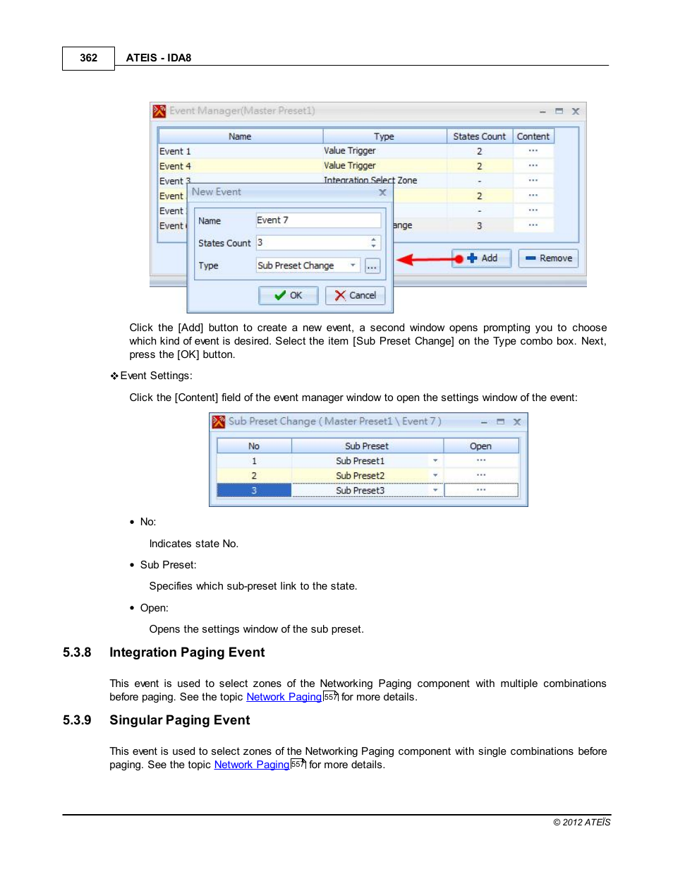 Integration paging event, Singular paging event | ATEIS IDA8 User Manual | Page 362 / 582