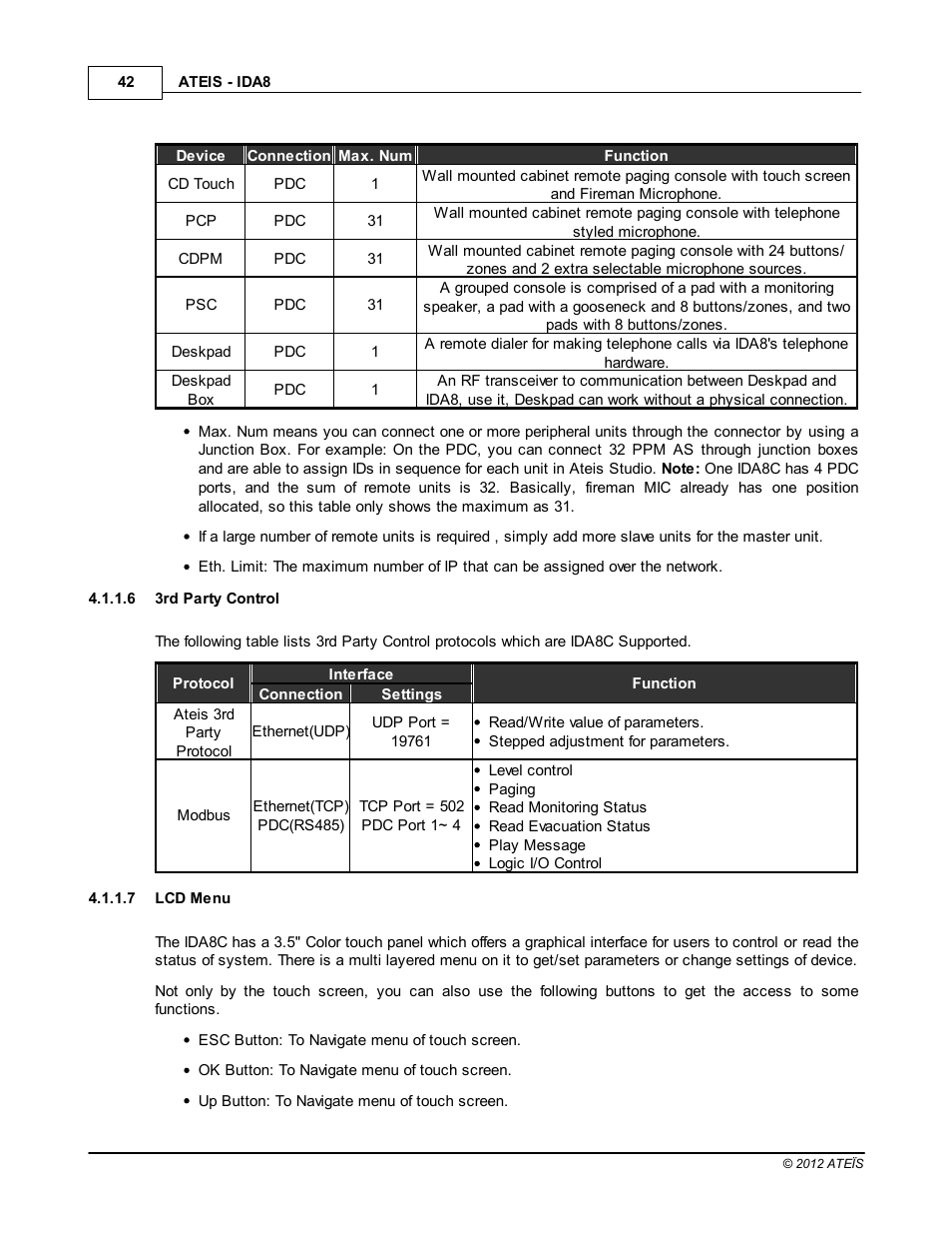 3rd party control, Lcd menu | ATEIS IDA8 User Manual | Page 42 / 582