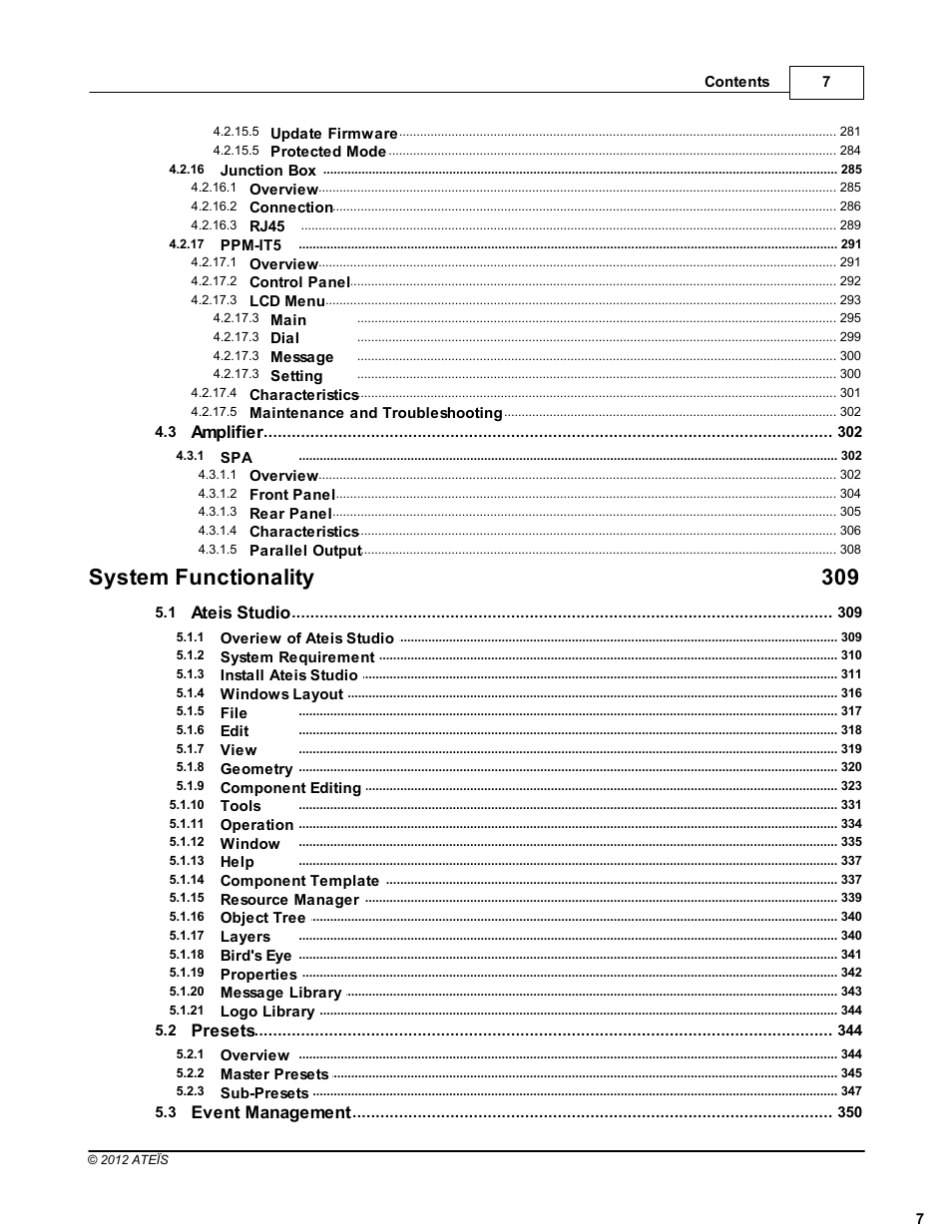 System functionality 309, Amplifier, Ateis studio | Presets, Event management | ATEIS IDA8 User Manual | Page 7 / 582