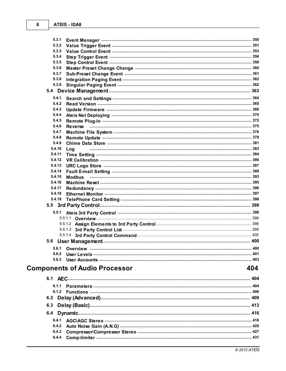 Components of audio processor 404, Device management, 3rd party control | User management, Delay (advanced), Delay (basic), Dynamic | ATEIS IDA8 User Manual | Page 8 / 582