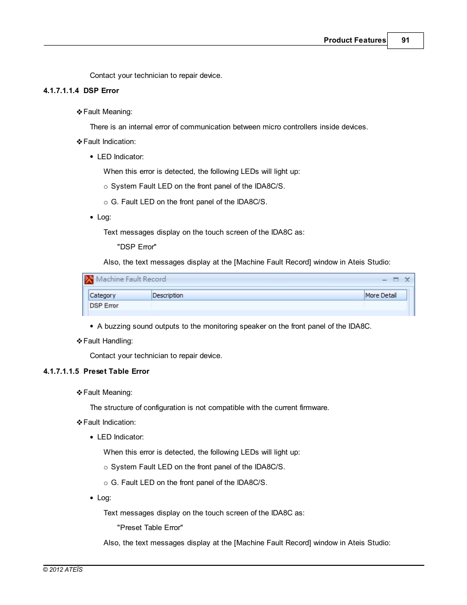 Dsp error, Preset table error | ATEIS IDA8 User Manual | Page 91 / 582