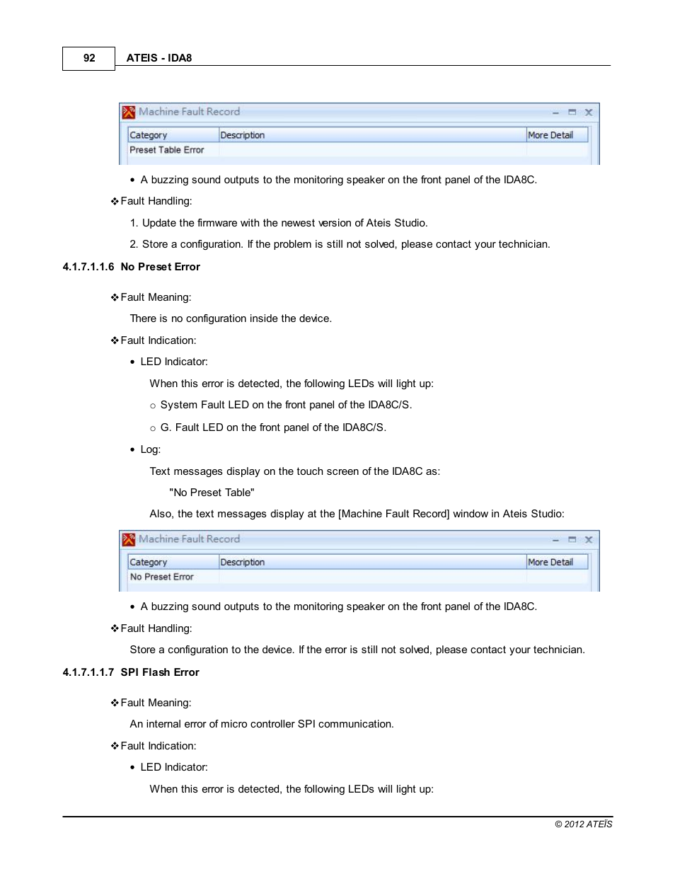 No preset error, Spi flash error, No preset table | ATEIS IDA8 User Manual | Page 92 / 582