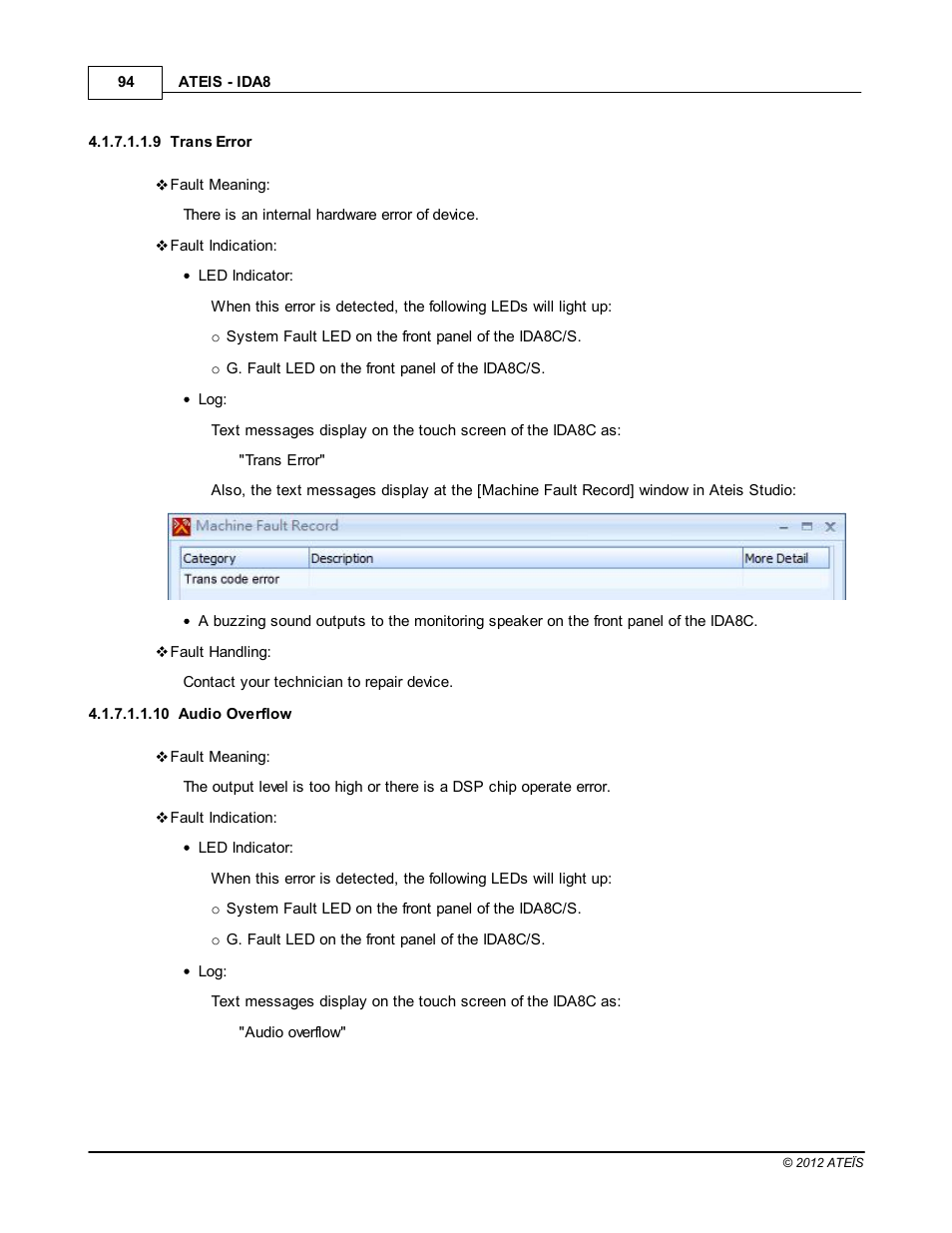 Trans error, Audio overflow | ATEIS IDA8 User Manual | Page 94 / 582