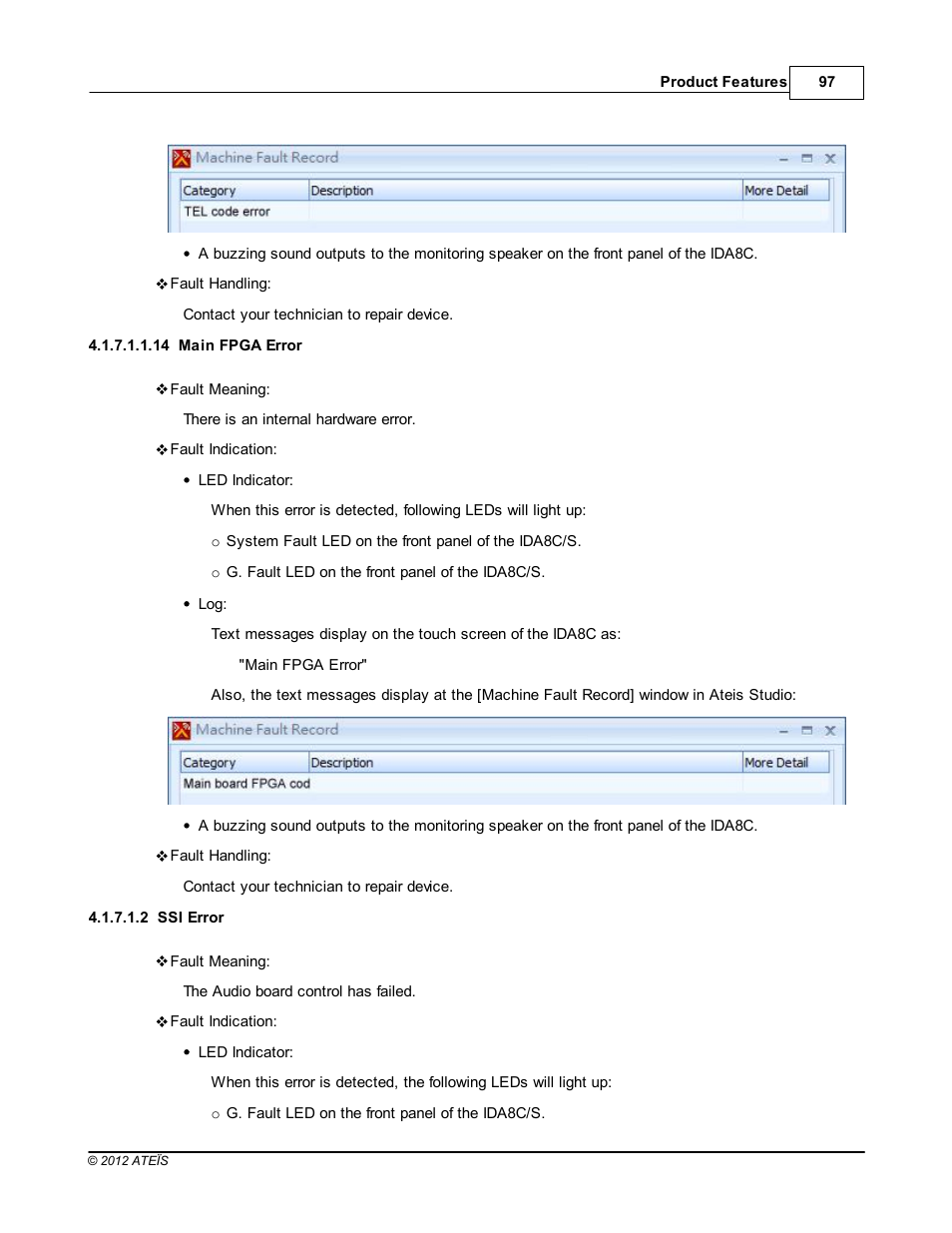 Main fpga error, Ssi error | ATEIS IDA8 User Manual | Page 97 / 582