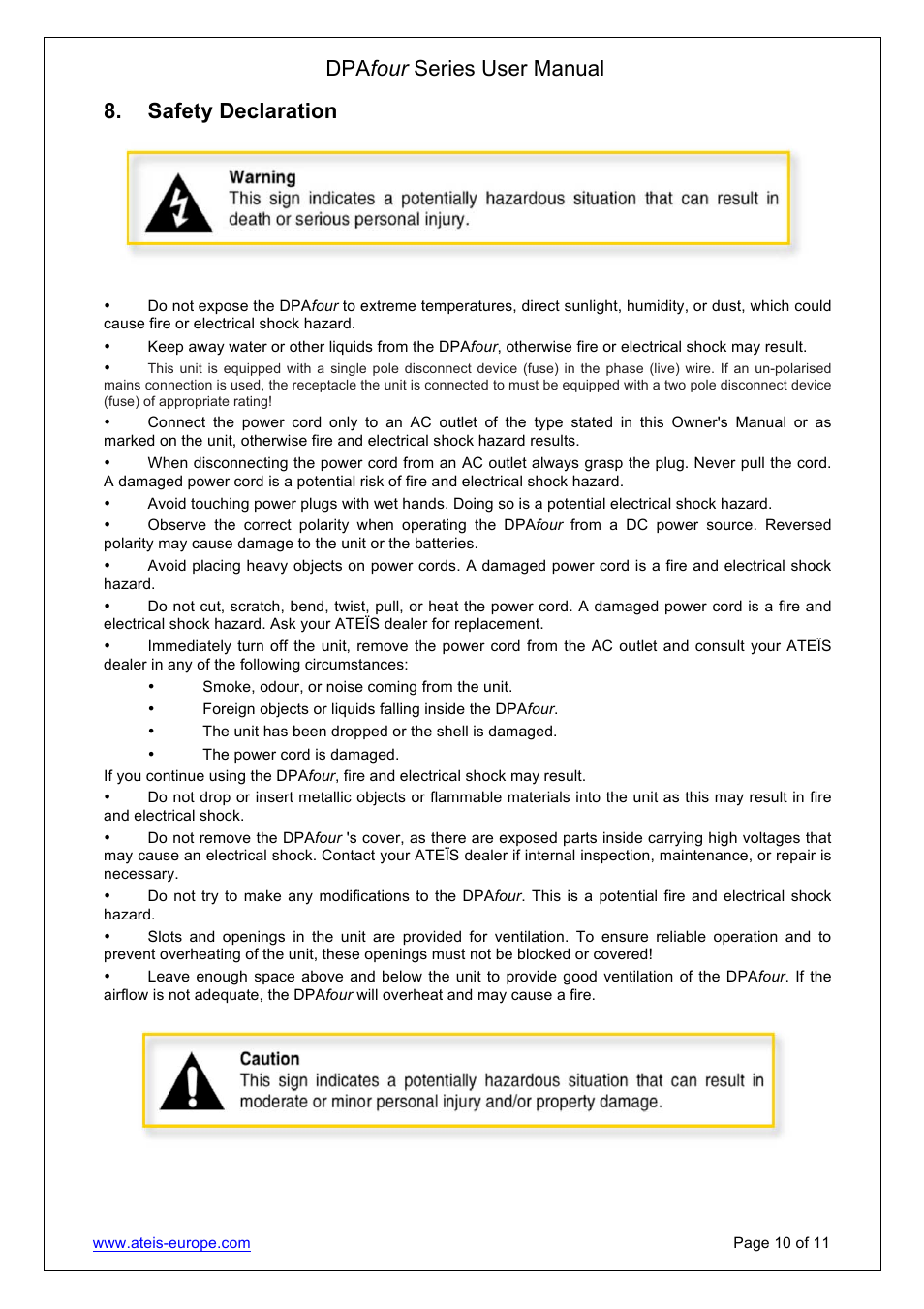 Dpa four series user manual, Safety declaration | ATEIS DPAfour125 User Manual | Page 10 / 11