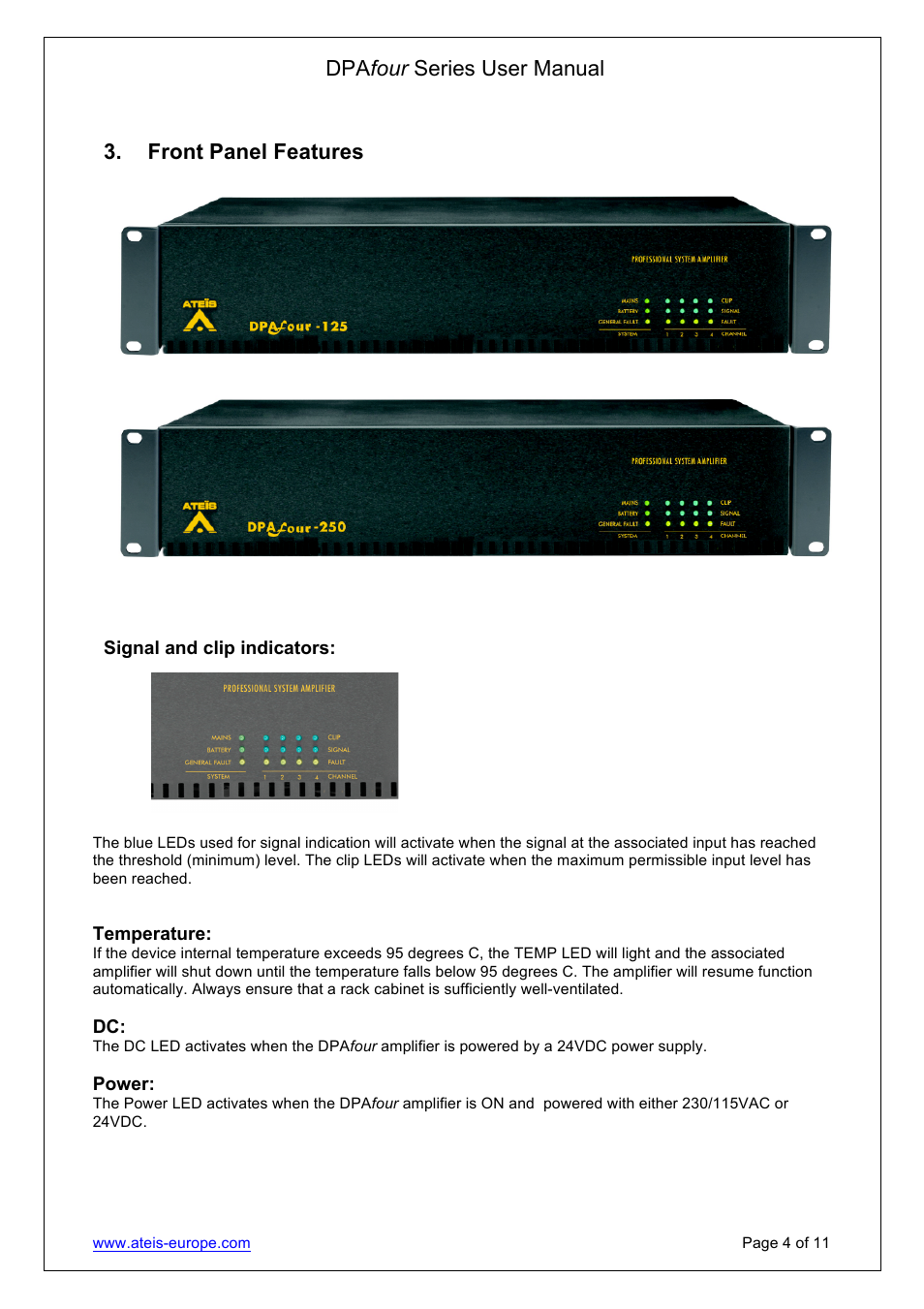 Dpa four series user manual, Front panel features | ATEIS DPAfour125 User Manual | Page 4 / 11