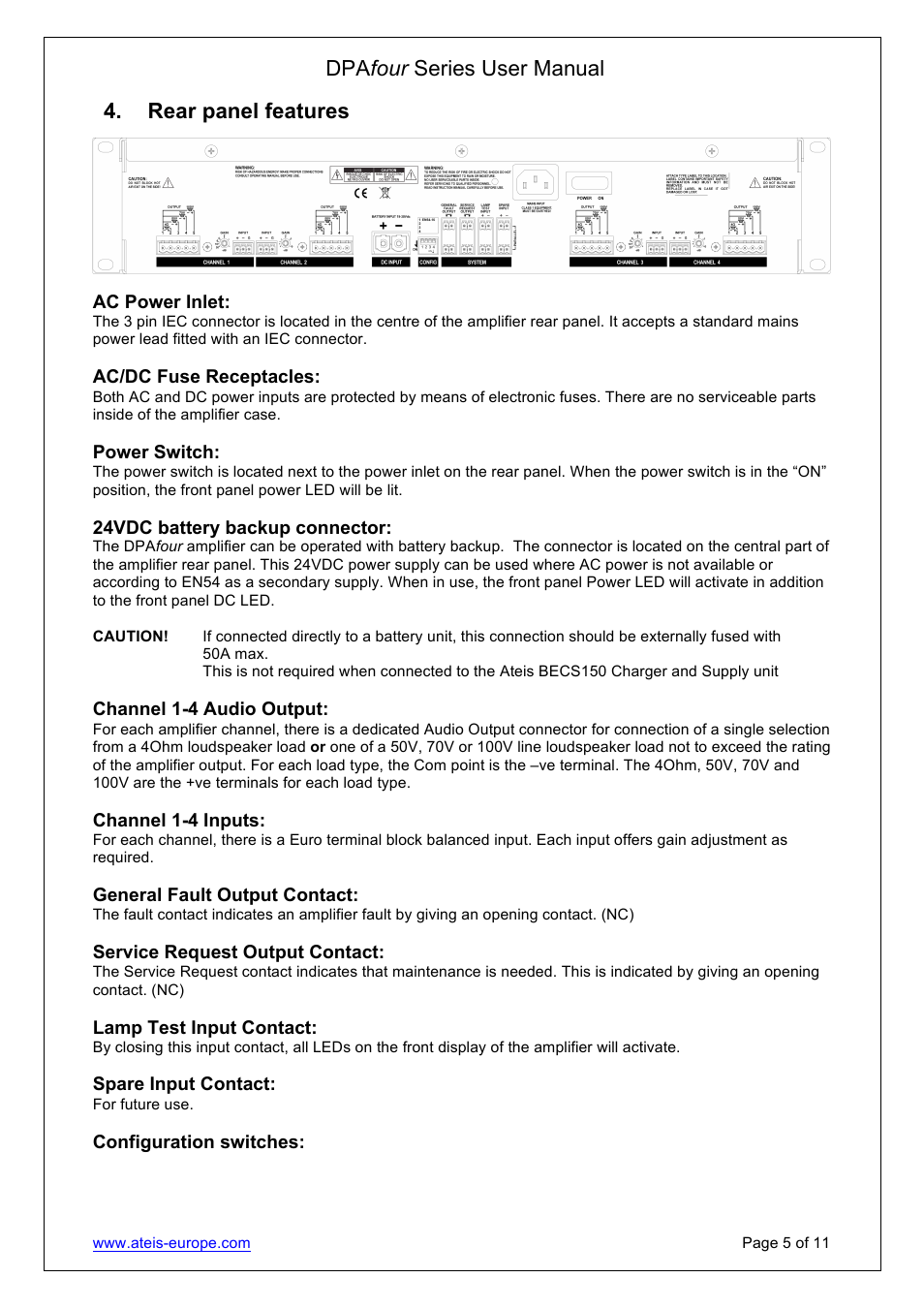 Dpa four series user manual, Rear panel features | ATEIS DPAfour125 User Manual | Page 5 / 11