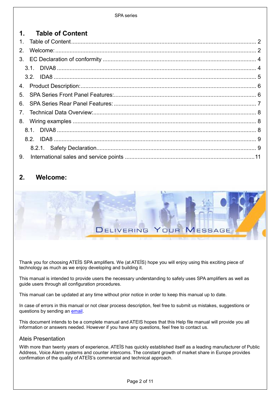 Table of content, Welcome | ATEIS SPA 2120 User Manual | Page 2 / 11