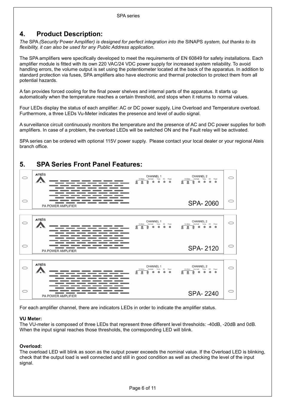 Product description, Spa series front panel features | ATEIS SPA 2120 User Manual | Page 6 / 11
