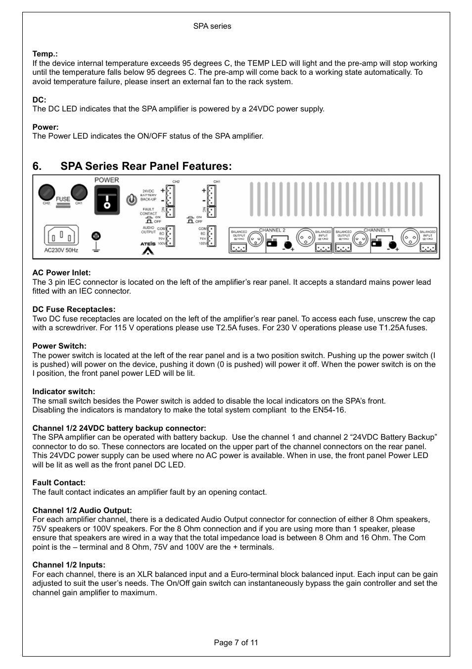 Spa series rear panel features | ATEIS SPA 2120 User Manual | Page 7 / 11