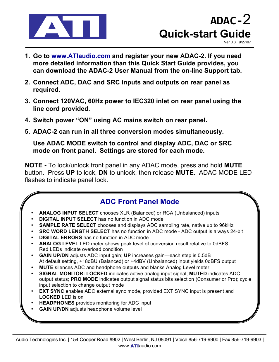 ATI Audio ADAC-2 User Manual | 2 pages