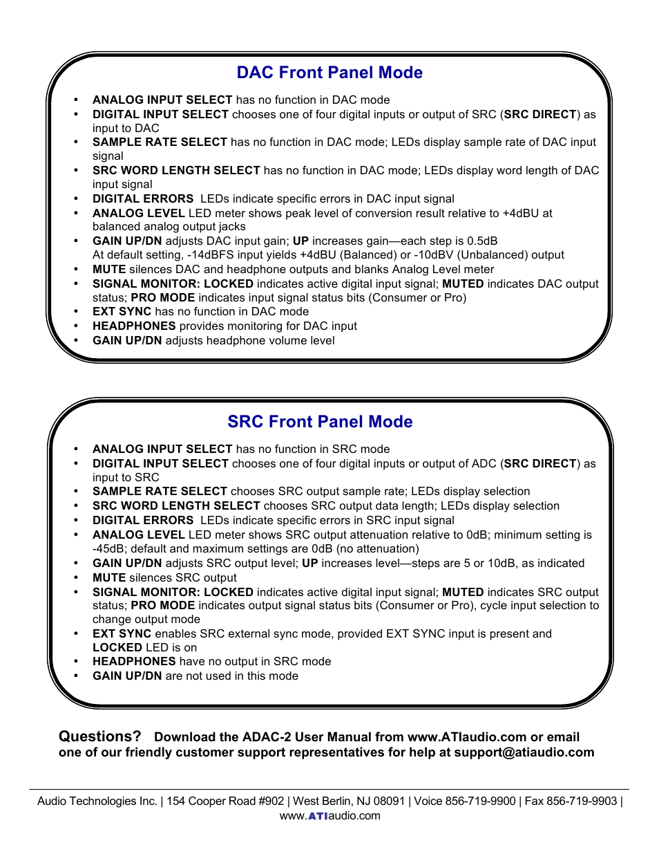 Dac front panel mode, Src front panel mode, Questions | ATI Audio ADAC-2 User Manual | Page 2 / 2