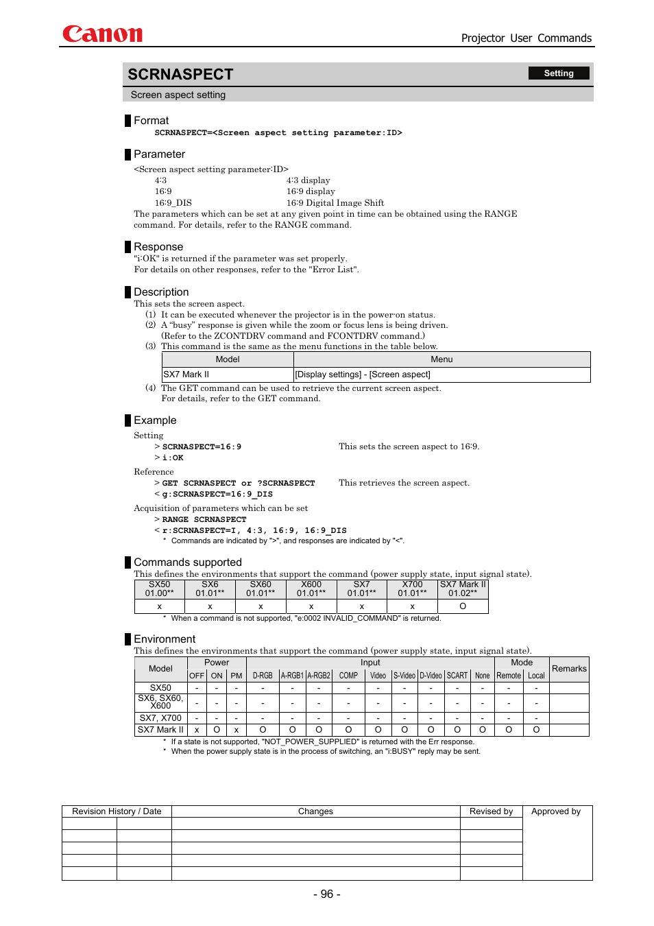 Scrnaspect, Projector user commands, Format | Parameter, Response, Description, Example, Commands supported, Environment | Canon SX 50 User Manual | Page 102 / 244