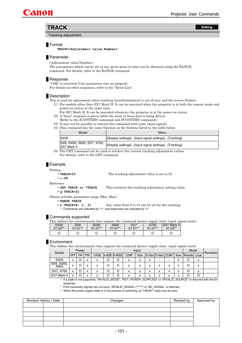 Track, Projector user commands, Format | Parameter, Response, Description, Example, Commands supported, Environment | Canon SX 50 User Manual | Page 107 / 244