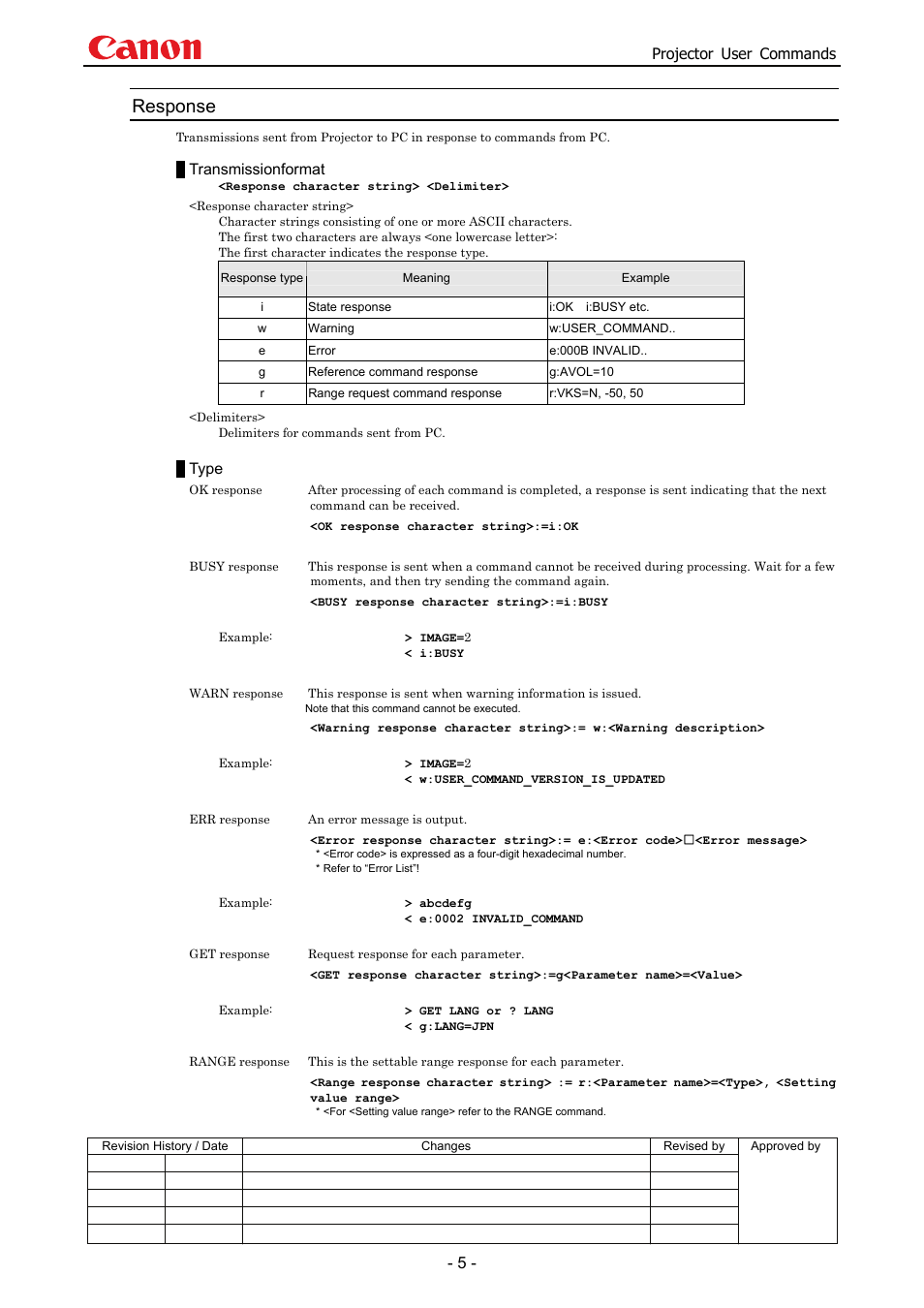 Response, Projector user commands, Transmissionformat | Type | Canon SX 50 User Manual | Page 11 / 244