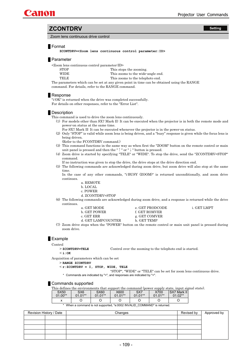 Zcontdrv, Projector user commands, Format | Parameter, Response, Description, Example, Commands supported | Canon SX 50 User Manual | Page 115 / 244