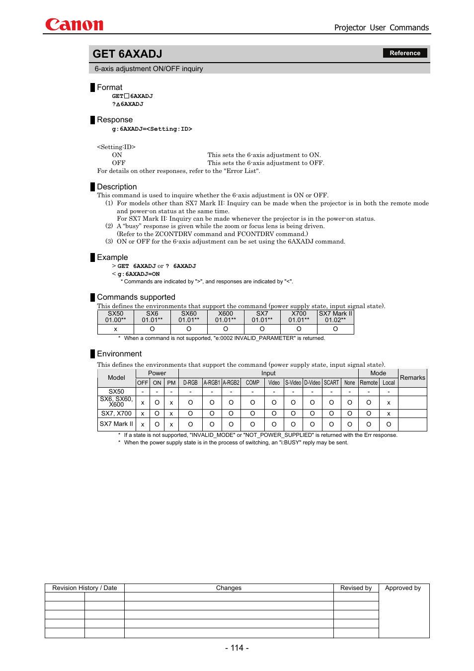 Get 6axadj, Projector user commands, Format | Response, Description, Example, Commands supported, Environment | Canon SX 50 User Manual | Page 120 / 244