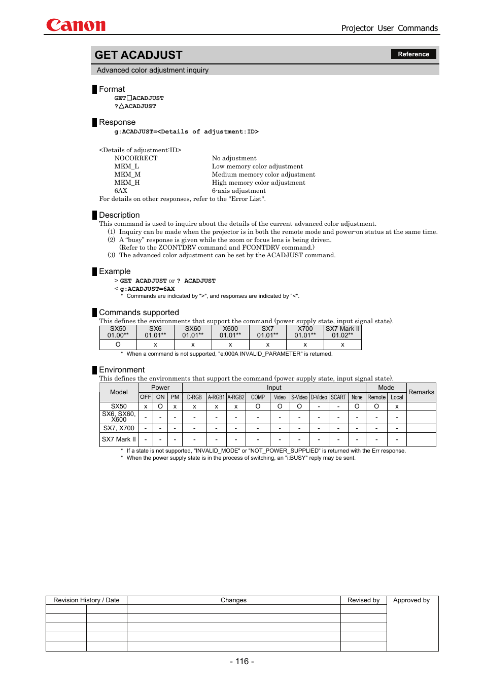 Get acadjust, Projector user commands, Format | Response, Description, Example, Commands supported, Environment | Canon SX 50 User Manual | Page 122 / 244