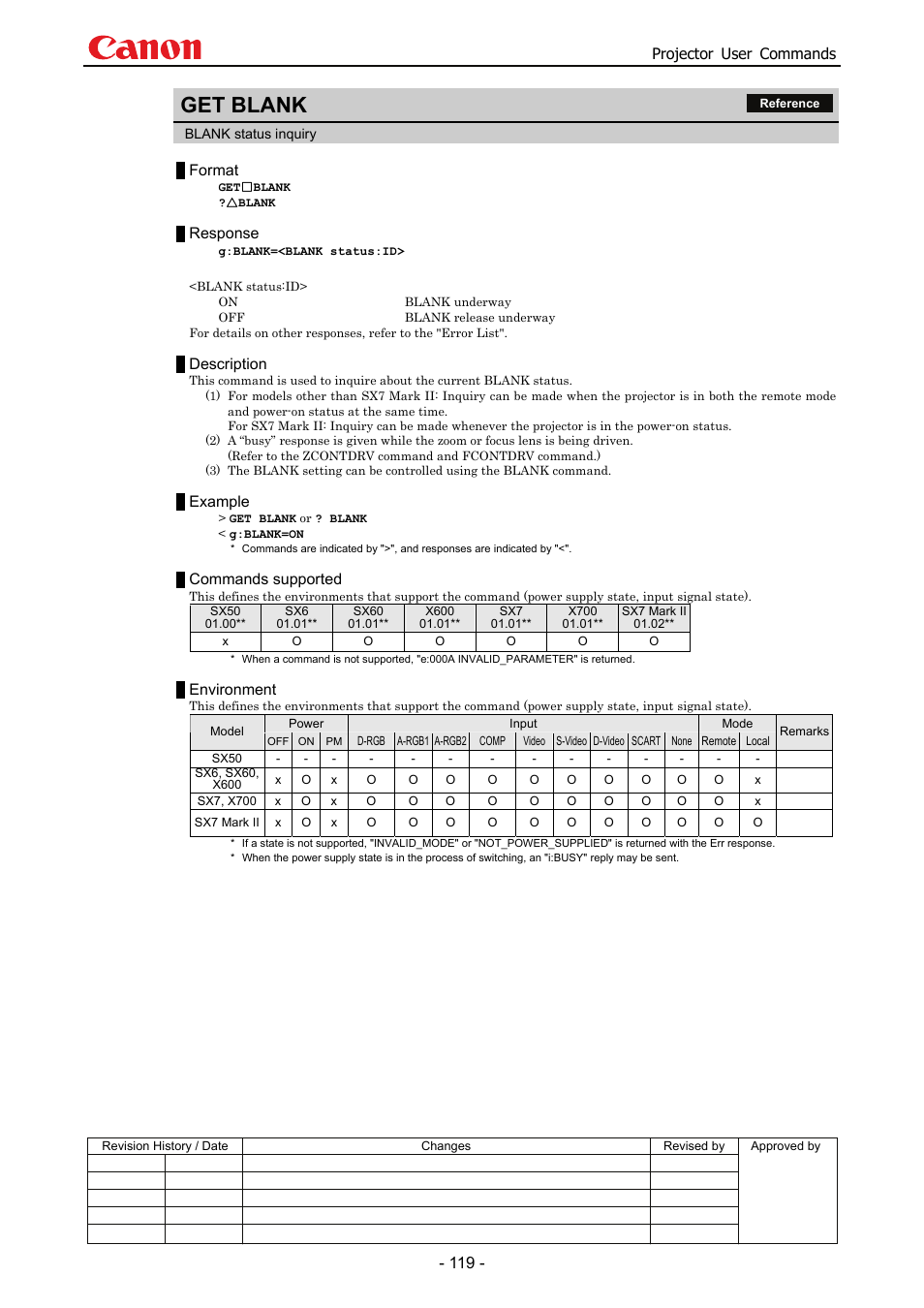 Get blank, Projector user commands, Format | Response, Description, Example, Commands supported, Environment | Canon SX 50 User Manual | Page 125 / 244