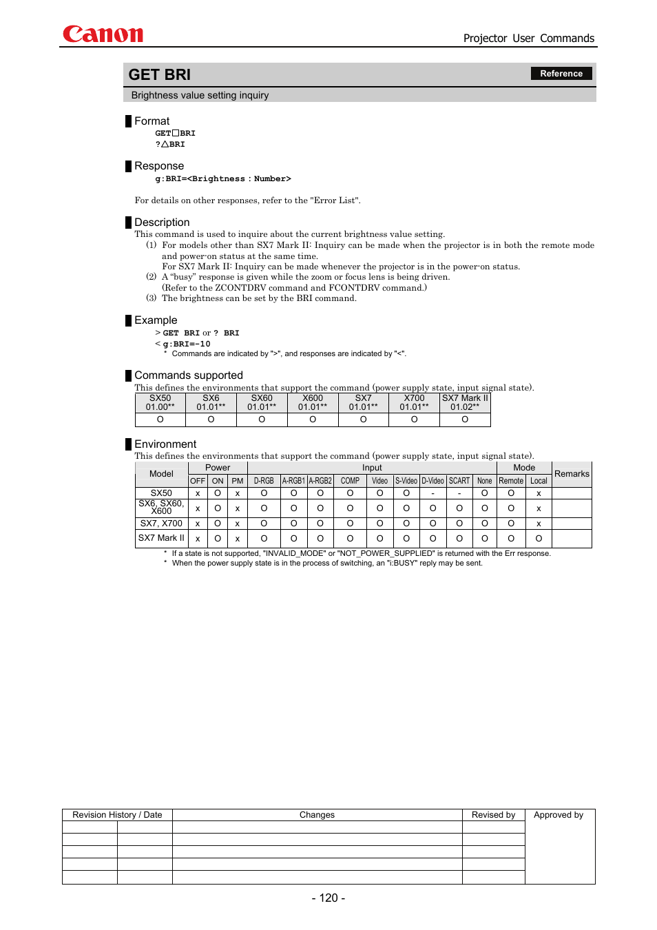 Get bri, Projector user commands, Format | Response, Description, Example, Commands supported, Environment | Canon SX 50 User Manual | Page 126 / 244