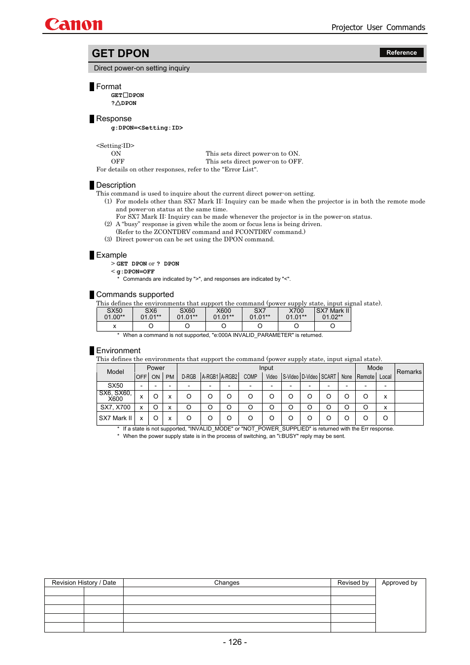 Get dpon, Projector user commands, Format | Response, Description, Example, Commands supported, Environment | Canon SX 50 User Manual | Page 132 / 244