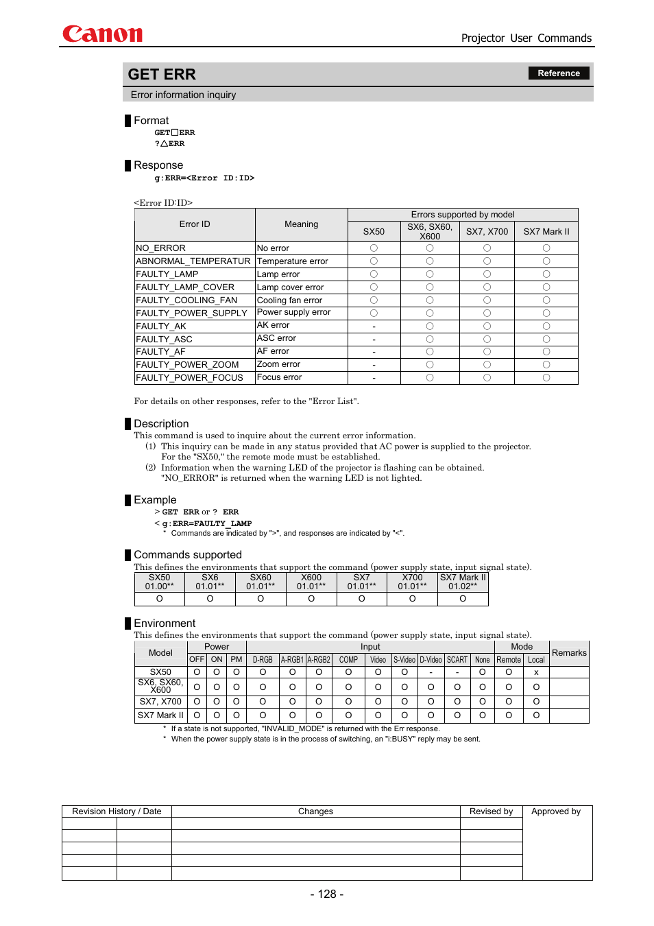 Get err, Projector user commands, Format | Response, Description, Example, Commands supported, Environment | Canon SX 50 User Manual | Page 134 / 244