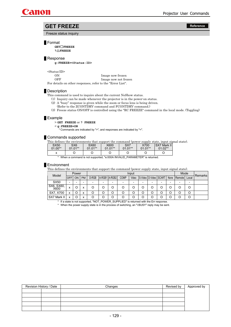 Get freeze, Projector user commands, Format | Response, Description, Example, Commands supported, Environment | Canon SX 50 User Manual | Page 135 / 244