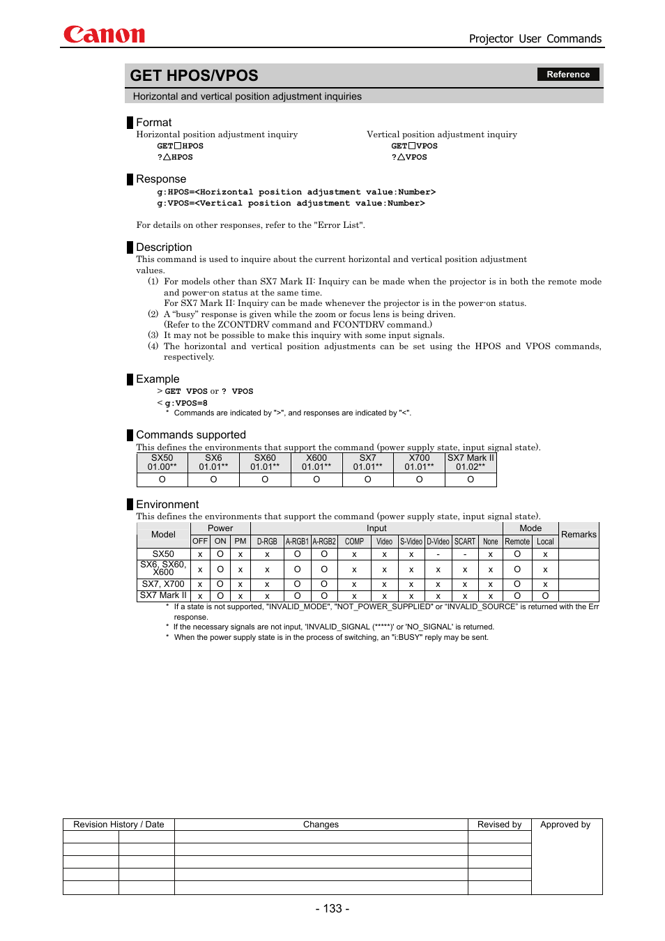 Get hpos/vpos, Projector user commands, Format | Response, Description, Example, Commands supported, Environment | Canon SX 50 User Manual | Page 139 / 244