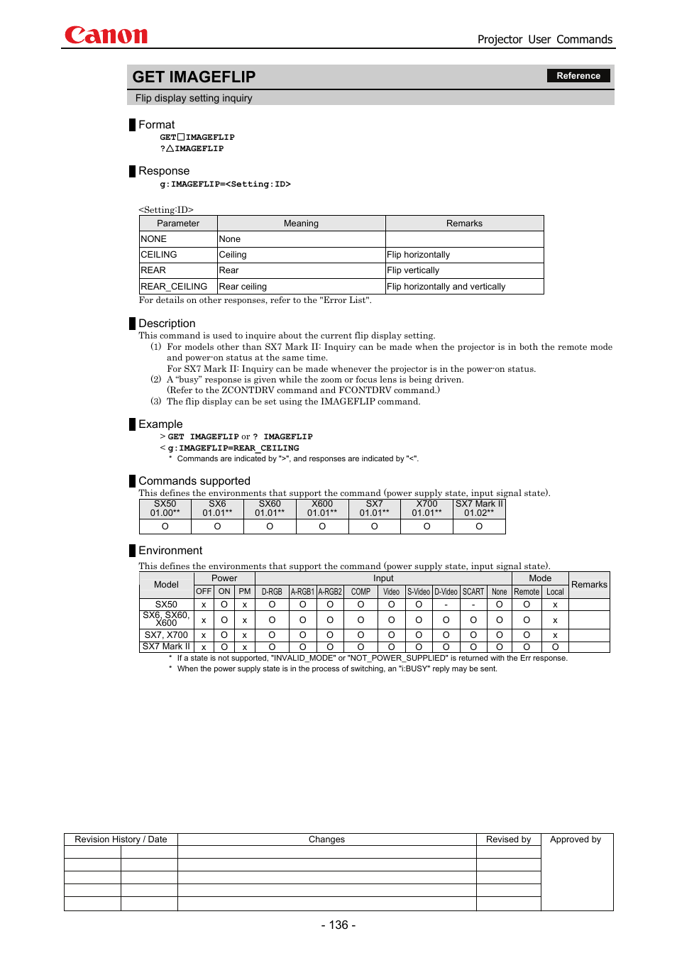 Get imageflip, Projector user commands, Format | Response, Description, Example, Commands supported, Environment | Canon SX 50 User Manual | Page 142 / 244