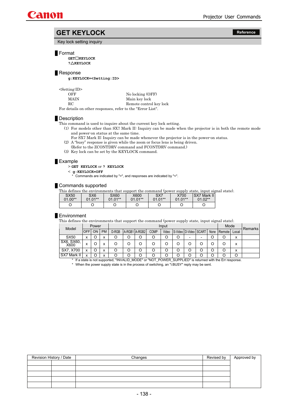 Get keylock, Projector user commands, Format | Response, Description, Example, Commands supported, Environment | Canon SX 50 User Manual | Page 144 / 244