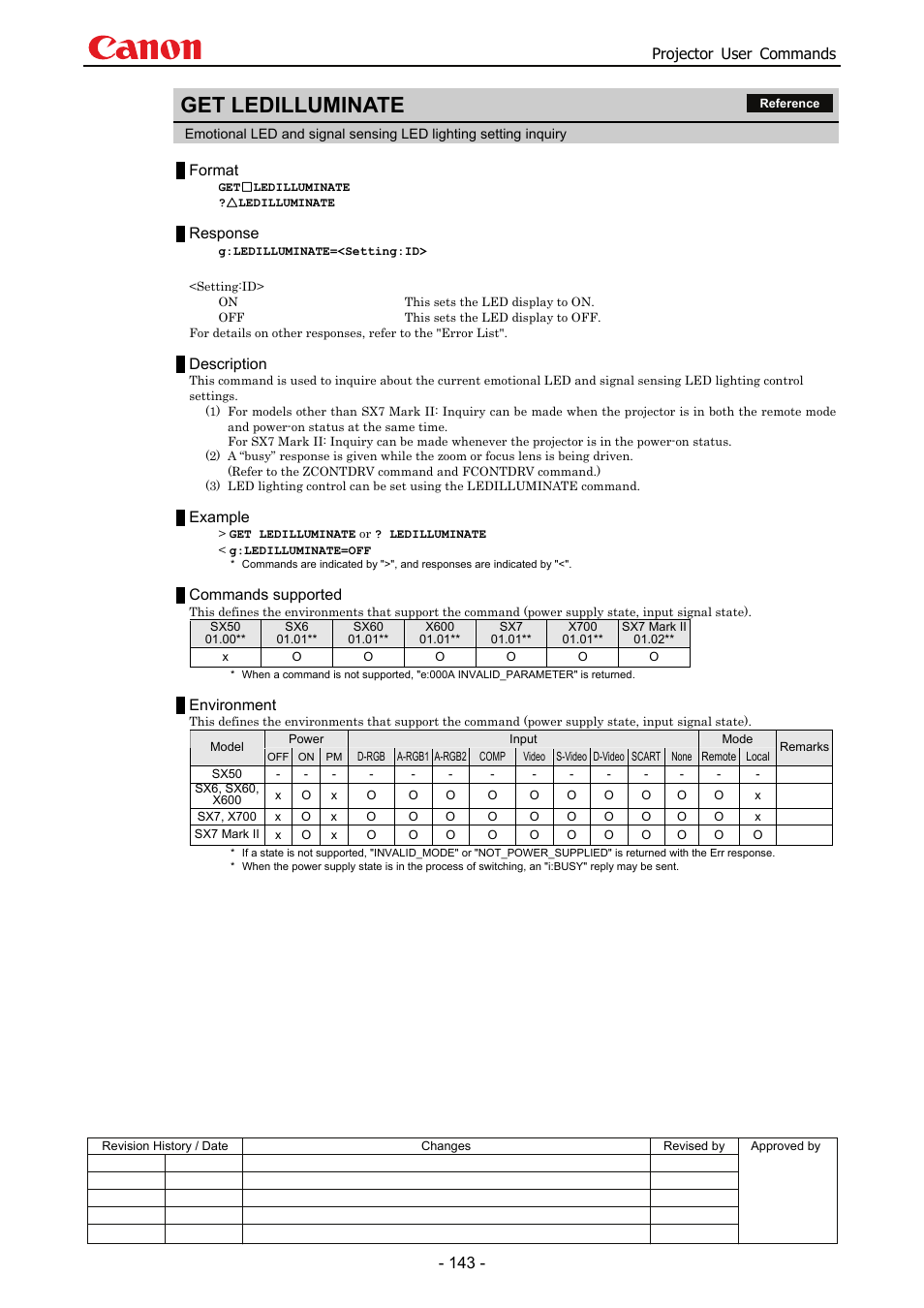 Get ledilluminate, Projector user commands, Format | Response, Description, Example, Commands supported, Environment | Canon SX 50 User Manual | Page 149 / 244